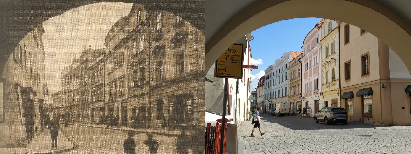 Průhled z Kostelní ulice do Arnoštské ulice v roce 1940